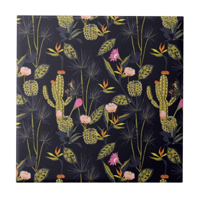 Dark Summer Night Cactus Pattern Tile (Front)
