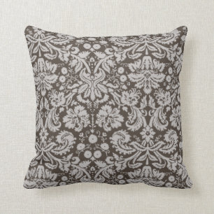 Dark Taupe, Brown Damask Pattern Throw Pillow