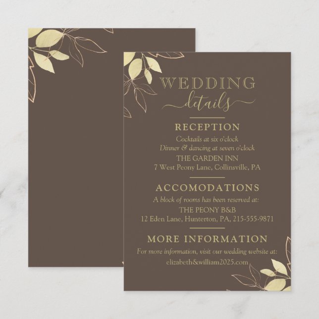 Dark Taupe & Gold Foliage Modern Botanical Wedding Enclosure Card (Front/Back)