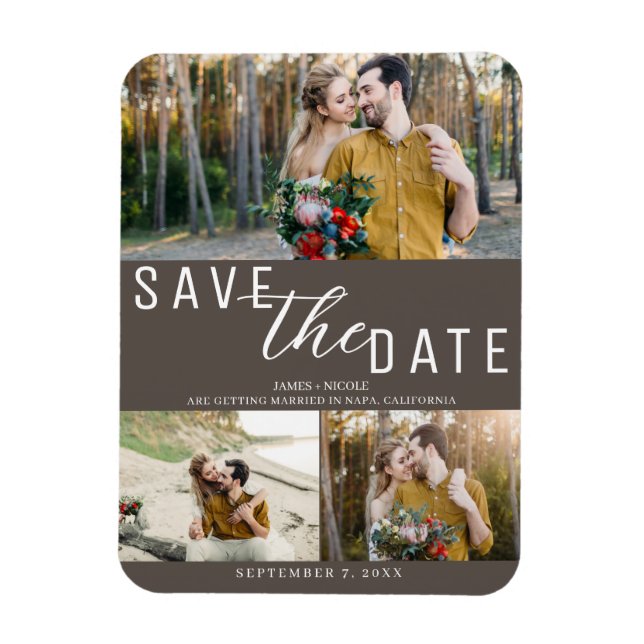 Dark Taupe Save the Date Wedding 3 Photos Magnet (Vertical)
