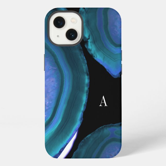 Dark Teal Agate Geode Monogram iPhone Case (Back)