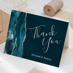 Dark Teal Agate Silver Wedding Thank You Card