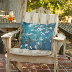 Dark Teal Almond Blossoms Van Gogh Outdoor Pillow