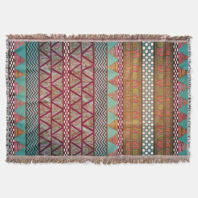 Dark Teal Amber Boho Tribal Stripes Pattern Throw Blanket (Front)