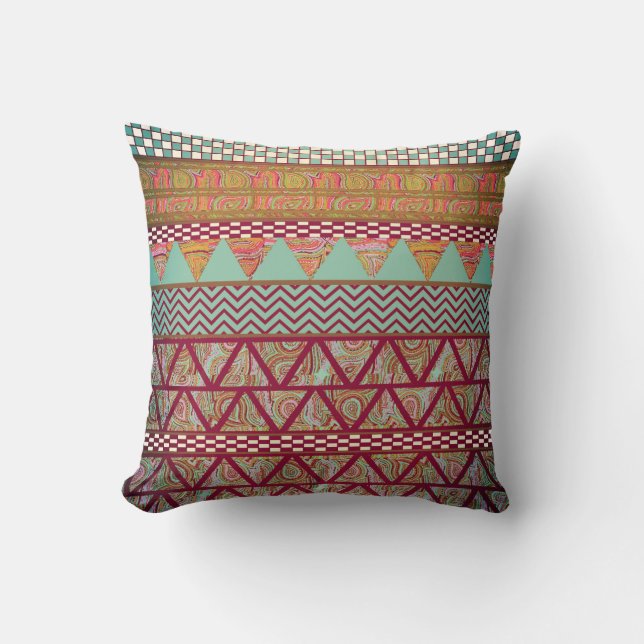 Dark Teal Amber Boho Tribal Stripes Pattern Throw Pillow (Front)