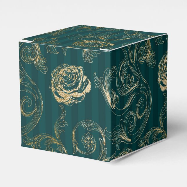 Dark Teal and Gold Floral Damask Favor Box (Front Side)