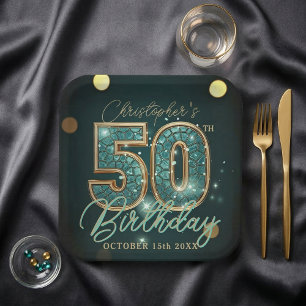 Dark Teal and Gold Mosaic 50th Birthday Party Paper Plate