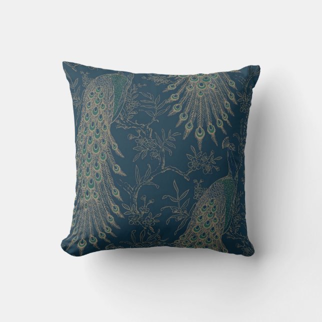 Dark Teal and Gold Victorian style Peacock feather Throw Pillow (Front)