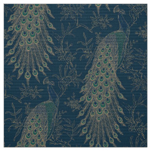 Dark Teal and Gold Victorian style Peacocks Fabric