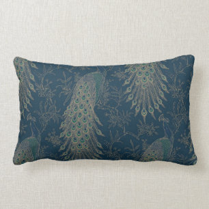Dark Teal and Gold Victorian style Peacocks Lumbar Pillow