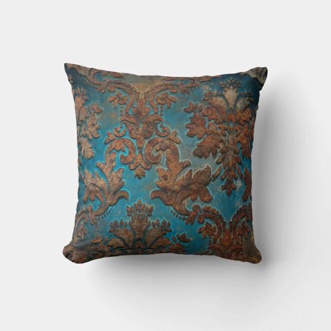 Dark Teal and Patina Damask Throw Pillow (Front)