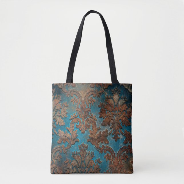 Dark Teal and Patina Damask Tote Bag (Front)