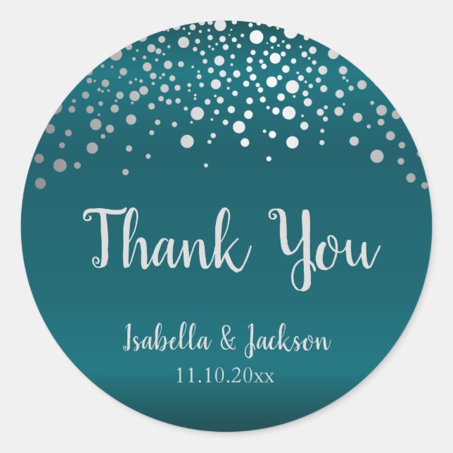 Dark Teal and Silver Confetti Dots Classic Round Sticker (Front)