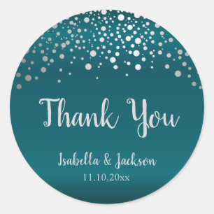 Dark Teal and Silver Confetti Dots Classic Round Sticker
