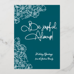 Dark Teal and Silver Floral Joyful Photo Christmas Foil Holiday Card