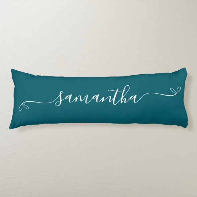 Dark Teal and White Cute Bow Signature Name Body Pillow (Front)