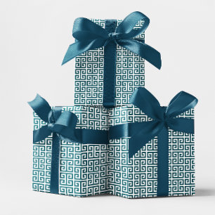 Dark Teal and White Greek Key Pattern Wrapping Paper