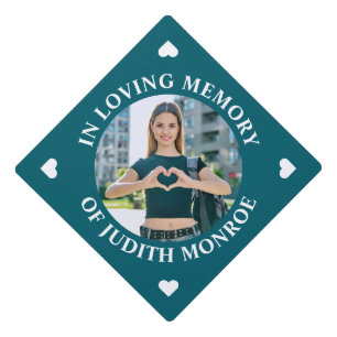 Dark Teal and White In Loving Memory Circle Photo Graduation Cap Topper