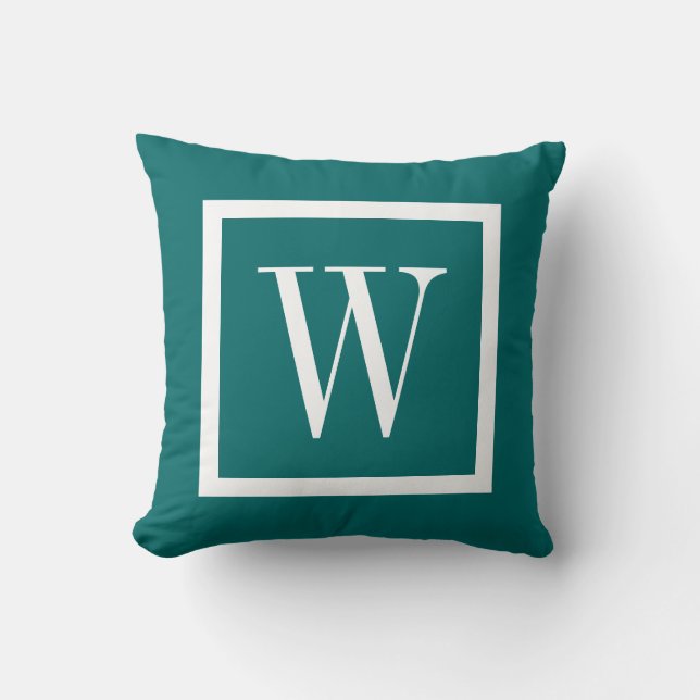 Dark Teal and White Preppy Square Monogram Throw Pillow (Front)