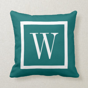 Dark Teal and White Preppy Square Monogram Throw Pillow