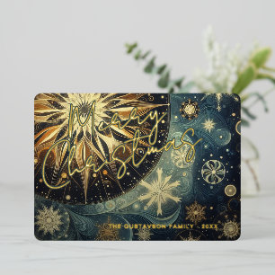 Dark Teal Blue Abstract Snowflake Floral Art Gold Foil Holiday Card