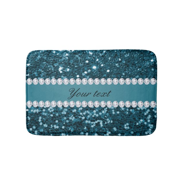 Dark Teal Blue Faux Glitter and Diamonds Bath Mat (Front)