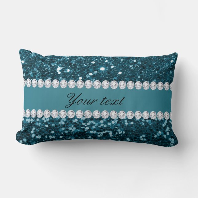 Dark Teal Blue Faux Glitter and Diamonds Lumbar Pillow (Front)