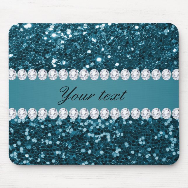 Dark Teal Blue Faux Glitter and Diamonds Mouse Pad (Front)