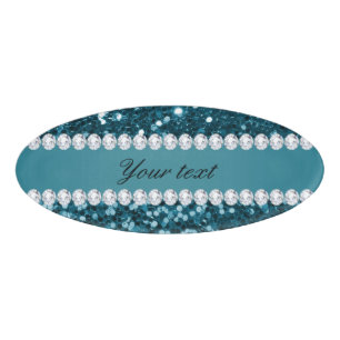 Dark Teal Blue Faux Glitter and Diamonds Name Tag