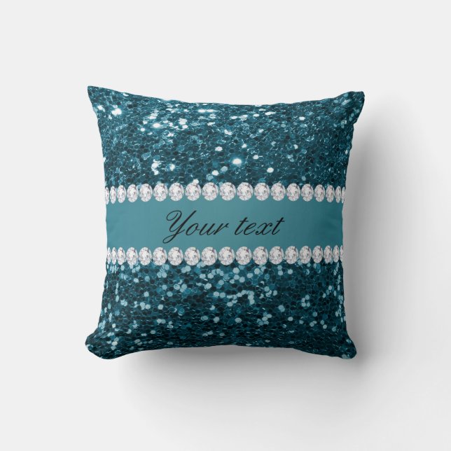 Dark Teal Blue Faux Glitter and Diamonds Throw Pillow (Front)