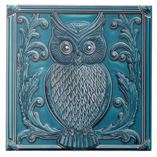 Dark teal blue faux relief Art Nouveau Owl Tile