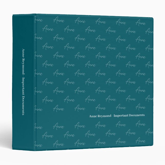 Dark Teal Blue Girly Calligraphy Important Docs Binder (Front/Spine)
