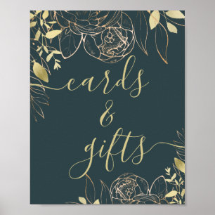 Dark Teal Blue & Gold Modern Floral Cards & Gifts Poster
