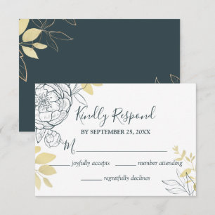 Dark Teal Blue & Gold Peony Floral Wedding RSVP Card