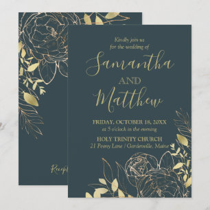 Dark Teal Blue & Gold Peony Modern Floral Wedding Invitation