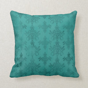 dark teal blue green distressed damask throw pillow