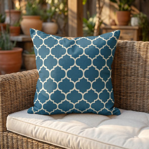 Dark Teal Blue Green Ivory Quatrefoil Trellis Outdoor Pillow