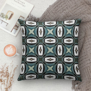 Dark Teal Blue Grey Green White Orient Art Pattern Throw Pillow