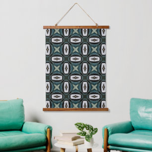 Dark Teal Blue Grey Green White Tribal Art Hanging Tapestry