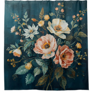 Dark Teal Blue Orange Vintage Cottagecore Floral
