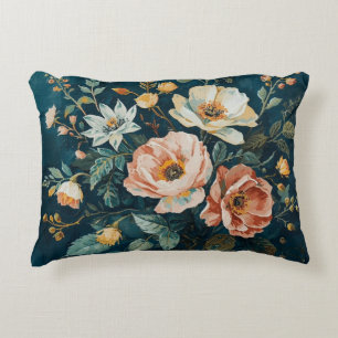 Dark Teal Blue Orange Vintage Cottagecore Floral Accent Pillow