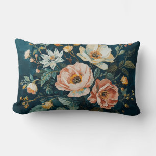 Dark Teal Blue Orange Vintage Cottagecore Floral Lumbar Pillow
