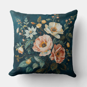 Dark Teal Blue Orange Vintage Cottagecore Floral Throw Pillow