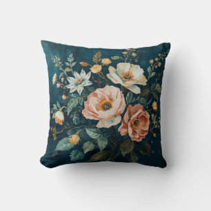 Dark Teal Blue Orange Vintage Cottagecore Floral Throw Pillow