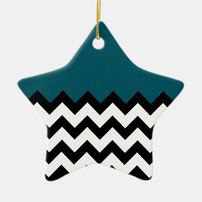Dark Teal Blue Pattern On Large Zigzag Chevron Ceramic Ornament (Front)