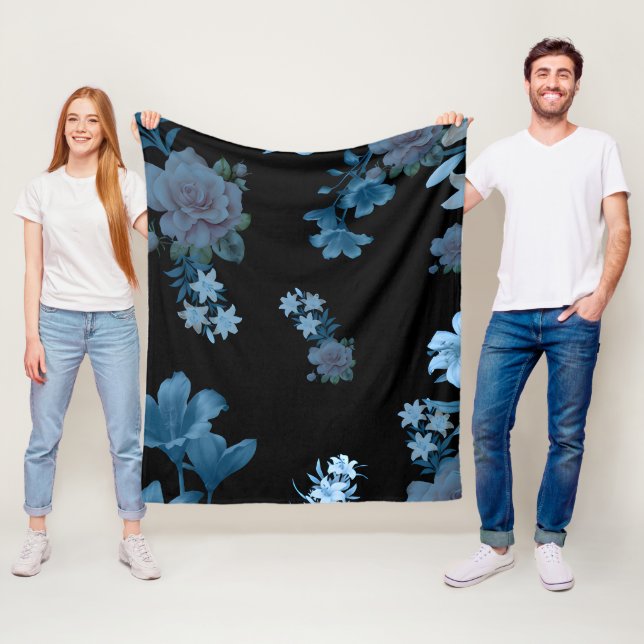 Dark Teal & Blue Rose Floral Pattern Fleece Blanke Blanket (In Situ)