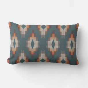 Dark Teal Blue Terracotta Rust Brown Tribal Art Lumbar Pillow