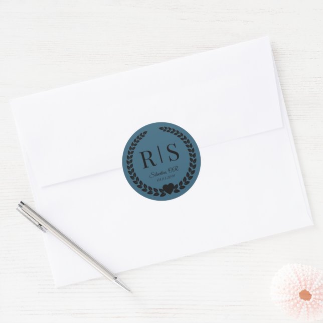 Dark Teal Blue Wedding Monogram Initials Classic Round Sticker (Envelope)