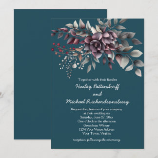 Dark Teal, Burgundy, Dusty Purple, Sage Wedding | Invitation