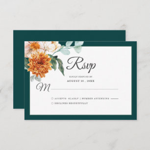 Dark Teal Burnt Orange Rustic Fall Wedding Floral RSVP Card